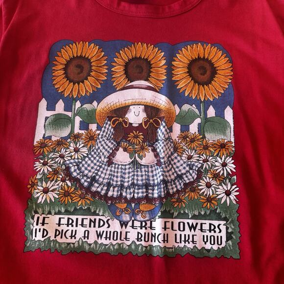 Vintage 90's Women's Medium Red T Shirt Sunflowers Friends Cottage Core Country - Picture 4 of 11